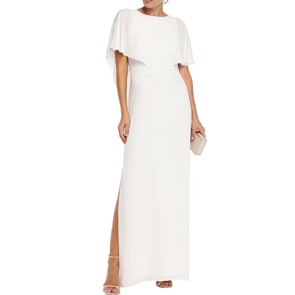 HALSTON HERITAGE Cape Effect Draped Crepe Gown Maxi Dress White US 4 NWT - Picture 1 of 15